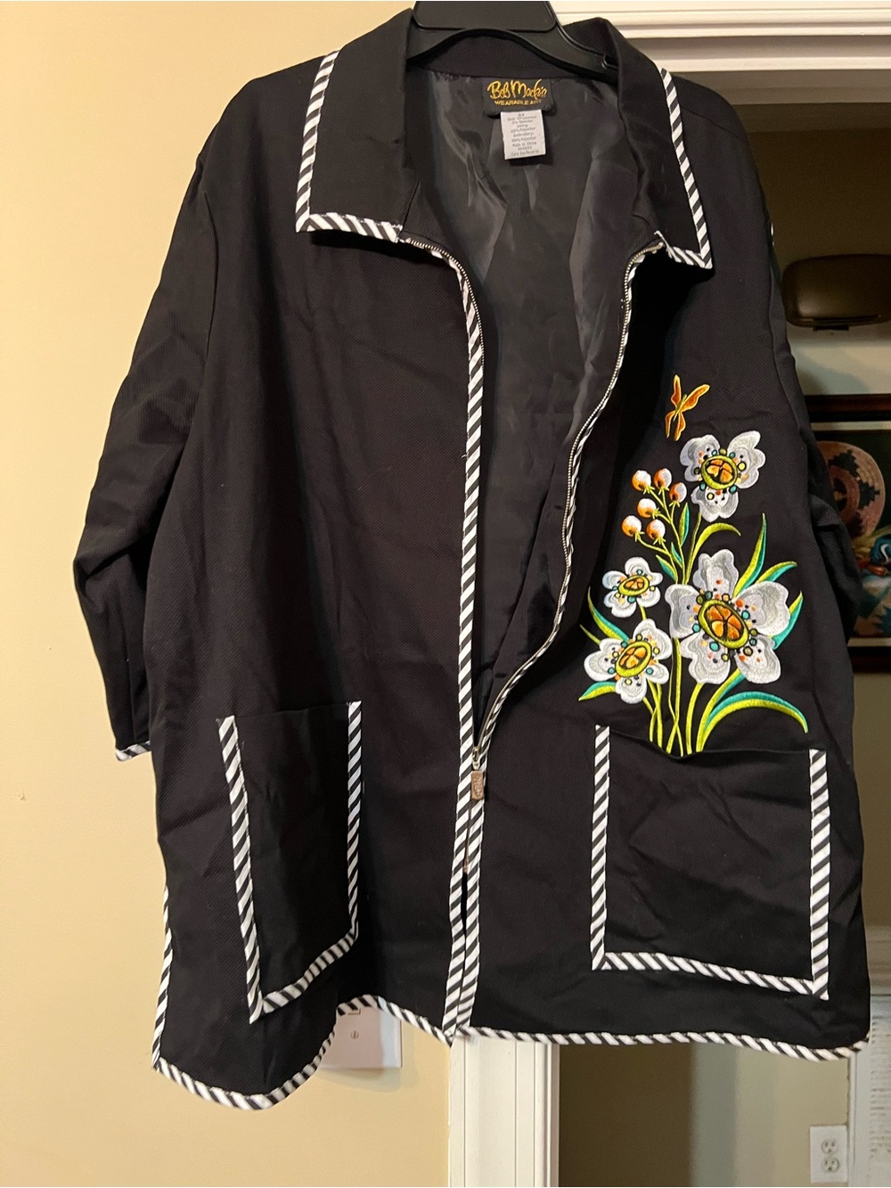 Bob Mackie Black Jacket with Floral Embroidery and White Trim